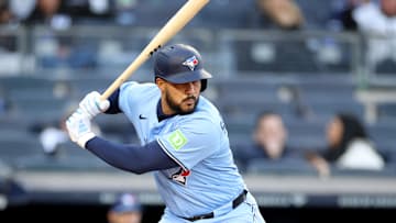 Toronto Blue Jays outfielder Anthony Santander bats against the New York Yankees during the second game of Sunday's doubleheader.