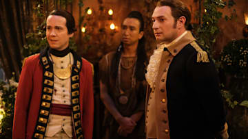 “Isaac’s Wedding” – Isaac’s wedding day jitters are exacerbated by the arrival of a surprise guest, on the third season finale of the CBS Original series GHOSTS, Thursday, May 2 (8:31-9:01 PM, ET/PT) on the CBS Television Network, and streaming on Paramount+ (live and on demand for Paramount+ with SHOWTIME subscribers, or on demand for Paramount+ Essential subscribers the day after the episode airs)*. Pictured (L-R): John Hartman as Nigel Chessum, Roman Zaragoza as Sasappis, and Brandon Scott