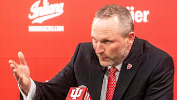 Indiana University men's basketball Head Coach Darian DeVries speaks at the introductory press conference at Simon Skjodt Assembly Hall on Wednesday, March 19, 2025.