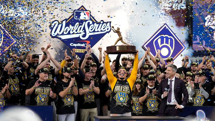 Milwaukee Brewers catcher William Contreras poses with the Willie Mays World Series Most Valuable Player award during the Awards Ceremony after defeating the Tampa Bay Rays in the 2026 World Series at Tropicana Field on October 28, 2026 n St. Petersburg, Fla. on Oct 28, 2026.
