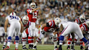 Sep 14, 2009; Foxborough, MA, USA; New England Patriots quarterback Tom Brady (12) calls out before the play as they take on the Buffalo Bills during the first period at Gillette Stadium. The Patriots defeated the Bills 25-24. Mandatory Credit: David Butler II-Imagn Images