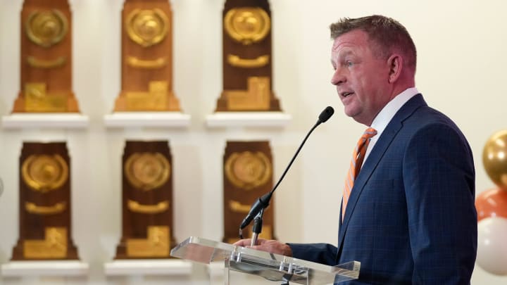 University of Texas baseball coach Jim Schlossnagle speaks at his introductory news conference at the Frank Denius Family University Hall of Fame Wednesday June 26, 2024.