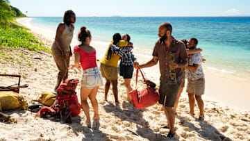 “Blood Will Be Drawn” – A boat arrives delivering a very important message to the overjoyed castaways. Old alliance members reconvene to talk strategy, as the game has shifted since they last saw each other. Then, the game intensifies when a two-part challenge leads to the season’s first individual immunity win, on SURVIVOR, Wednesday, Nov. 5. Pictured (L-R): Michelle “MC” Chukwujekwu, Savannah Louie, Kristina Mills, Sophi Balerdi, Nate Moore, and Alex Moore. Photo: Robert Voets/CBS ©2025 CBS