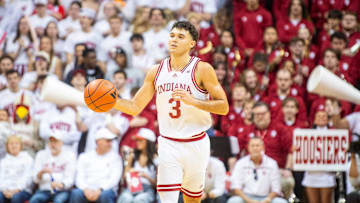 Indiana's Anthony Leal (3) brings the ball up the floor during the Indiana versus Ohio State men's basketball game at Simon Skjodt Assembly Hall on Saturday, March 8, 2025.
