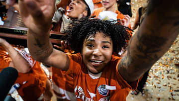 Texas Longhorns guard Rori Harmon (3) celebrates thei Longhorn's regular season SEC Championship after beating Florida at home in the Moody Center, March 2, 2025.