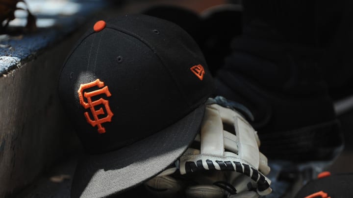 Jul 14, 2019; Milwaukee, WI, USA; San Francisco Giants hat and glove in the dug out at Miller Park. 