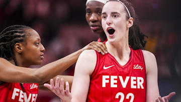 May 17, 2025; Indianapolis, IN, USA;  Indiana Fever guard Caitlin Clark (22) reacts to receiving a flagrant foul Saturday, May 17, 2025, during a game between the Indiana Fever and the Chicago Sky at Gainbridge Fieldhouse in Indianapolis. The Indiana Fever defeated the Chicago Sky, 93-58.Mandatory Credit: Grace Smith-IndyStar via Imagn Images