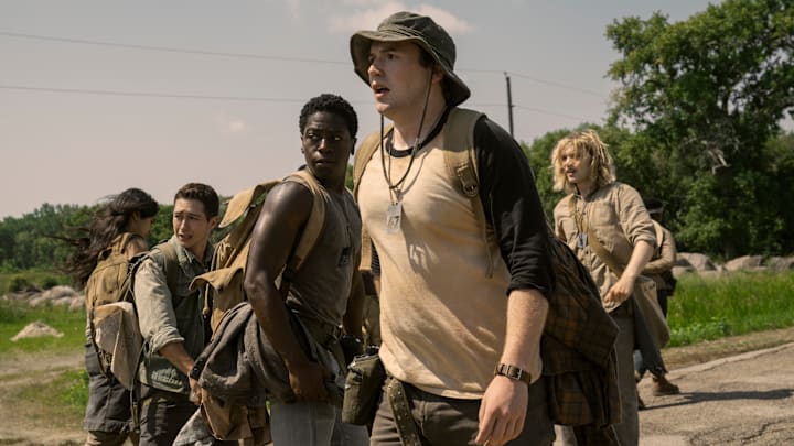 Joshua Odjick as Parker, Jordan Gonzalez as Harkness, David Jonsson as McVries, Cooper Hoffman as Garraty, and Charlie Plummer as Barkovitch in The Long Walk. Photo Credit: Murray Close/Lionsgate