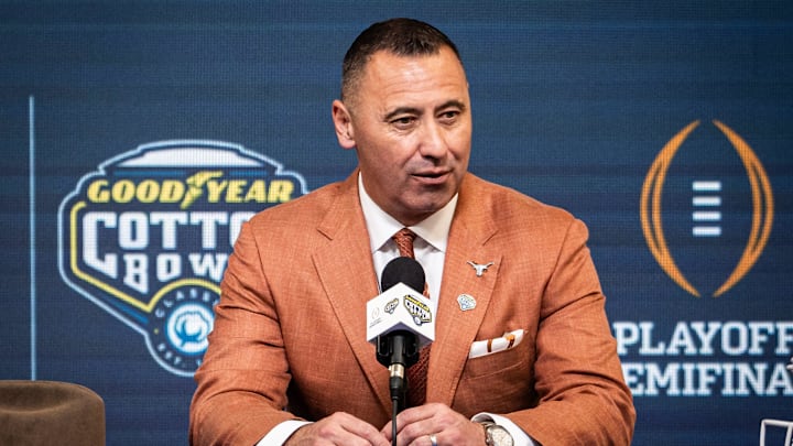 Texas Longhorns Head Coach Steve Sarkisian speaks during the Coaches' Press Conference at AT&T Stadium, Jan. 9, 2024. Both coaches answered questions from the media during the conference, and will face each other in the Cotton Bowl College Football Playoff semi-final game on Friday.