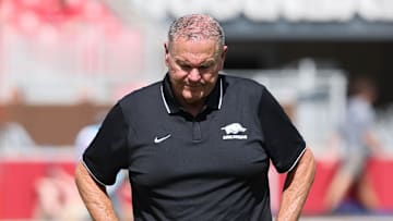 Sep 27, 2025; Fayetteville, Arkansas, USA; Arkansas Razorbacks head coach Sam Pittman during the fourth quarter against the Notre Dame Fighting Irish at Donald W. Reynolds Razorback Stadium. Notre Dame won 56-13. Mandatory Credit: Nelson Chenault-Imagn Images