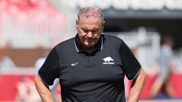 Sep 27, 2025; Fayetteville, Arkansas, USA; Arkansas Razorbacks head coach Sam Pittman during the fourth quarter against the Notre Dame Fighting Irish at Donald W. Reynolds Razorback Stadium. Notre Dame won 56-13. Mandatory Credit: Nelson Chenault-Imagn Images