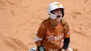 Texas’ Bella Dayton (6) celebrates her third base run against Oklahoma, Sunday, April 7, 2024, at McCombs Field in Austin.