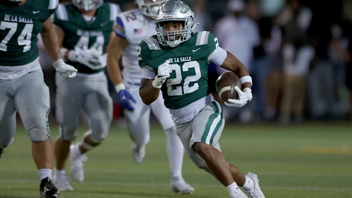 Derrick Blanche Jr. (22) finished with 12 carries, 182 yards rushing, including a 62-yard touchdown jaunt to finish off the scoring. De La Salle finished with 332 yards rushing and 408 overall in a 39-10 win over Serra on Sept. 6, 2024. On Friday in a 42-10 win over San Marin, Blanche finished off the scoring with a 40-yard touchdown in the third quarter. 