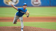 Kentucky Wildcats pitcher Sean Harney (34) pitches during the SEC baseball tournament at Hoover Metropolitan Stadium in Hoover, Ala., on Wednesday, May 25, 2022. Kentucky Wildcats defeated Auburn Tigers 3-1.