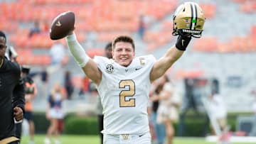 Quarterback Diego Pavia #2 of the Vanderbilt Commodores celebrates after defeating the Auburn Tigers at Jordan-Hare Stadium on November 02, 2024 in Auburn, Alabama.