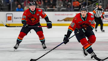 Coachella Valley forward Tucker Robertson takes the puck down the ice during the first period of their game at Acrisure Arena in Palm Desert, Calif., Friday, Dec. 20, 2024.