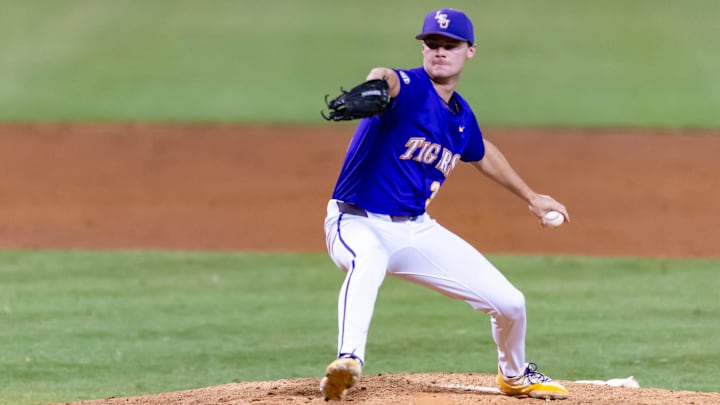 Tigers pitcher Kade Anderson 32 on the mound as The LSU Tigers take Dallas Baptist in the 2025 NCAA Div 1 Regional Baseball Championship at Alex Box Stadium in Baton Rouge, LA. Saturday, May 31, 2025.
