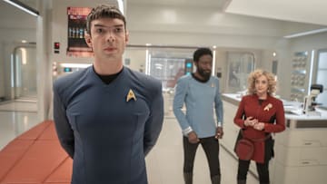 L to R Ethan Peck as Spock, Babs Olusanmokun as Dr. MBenga and Carol Kane as Pelia in season 3 , Episode 8 of Strange New Worlds streaming on Paramount+. 
