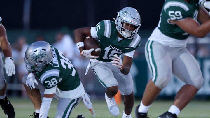 Jaden Jefferson, who finished fourth in the state 100-meter dash (10.40 seconds), scored on a 43-touchdown run in the third quarter during De La Salle's 39-10 win over Serra on Sept. 6, 2024 at Owen Owens Field. He'll be one of a handful of super speedy Spartans to head overseas to play NFL Academy Tuesday in London. 