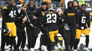 Nov 12, 2023; Pittsburgh, Pennsylvania, USA;  Pittsburgh Steelers safety Damontae Kazee (23) runs out of bounds after intercepting a pass against the Green Bay Packers during the fourth quarter at Acrisure Stadium. Mandatory Credit: Philip G. Pavely-USA TODAY Sports