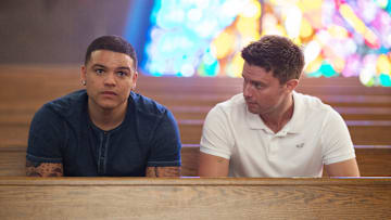 FX’s American Sports Story: Aaron Hernandez -- "Pray the Gay Away" -- Episode 3 (Airs Tuesday, September 24) Pictured: (l-r) Josh Rivera as Aaron Hernandez, Patrick Schwarzenegger as Tim Tebow. CR: Michael Parmelee/FX