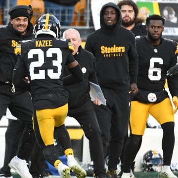 Nov 12, 2023; Pittsburgh, Pennsylvania, USA;  Pittsburgh Steelers safety Damontae Kazee (23) runs out of bounds after intercepting a pass against the Green Bay Packers during the fourth quarter at Acrisure Stadium. Mandatory Credit: Philip G. Pavely-USA TODAY Sports