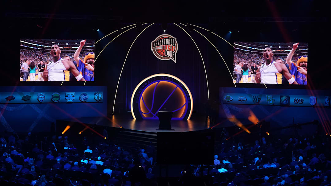 May 15, 2021; Uncasville, Connecticut, USA;  The late Kobe Bryant is honored during the Class of 2020 Naismith Memorial Basketball Hall of Fame Enshrinement ceremony at Mohegan Sun Arena. Mandatory Credit: David Butler II-Imagn Images