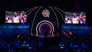 May 15, 2021; Uncasville, Connecticut, USA;  The late Kobe Bryant is honored during the Class of 2020 Naismith Memorial Basketball Hall of Fame Enshrinement ceremony at Mohegan Sun Arena. Mandatory Credit: David Butler II-Imagn Images