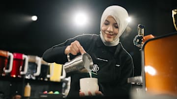 Sumayyah prepares a beverage during the Starbucks Global Barista Championships