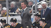 Nov 16, 2023; Pittsburgh, Pennsylvania, USA; Pittsburgh head coach Mike Sullivan voices his displeasure over a call against the New Jersey Devils during the first period at PPG Paints Arena. Mandatory Credit: Philip G. Pavely-Imagn Images