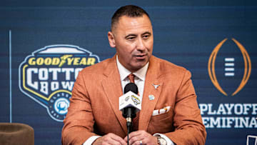 Texas Longhorns Head Coach Steve Sarkisian speaks during the Coaches' Press Conference at AT&T Stadium, Jan. 9, 2024. Both coaches answered questions from the media during the conference, and will face each other in the Cotton Bowl College Football Playoff semi-final game on Friday.