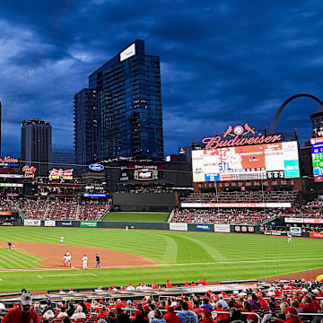 Apr 12, 2021; St. Louis, Missouri, USA;  A general view of Busch stadium as fans watch the St. Louis Cardinals play the Washington Nationals during the fourth inning. Mandatory Credit: Jeff Curry-Imagn Images