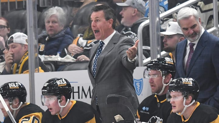 Nov 16, 2023; Pittsburgh, Pennsylvania, USA; Pittsburgh head coach Mike Sullivan voices his displeasure over a call against the New Jersey Devils during the first period at PPG Paints Arena. Mandatory Credit: Philip G. Pavely-Imagn Images Nov 16, 2023; Pittsburgh, Pennsylvania, USA; Pittsburgh head coach Mike Sullivan voices his displeasure over a call against the New Jersey Devils during the first period at PPG Paints Arena. Mandatory Credit: Philip G. Pavely-Imagn Images