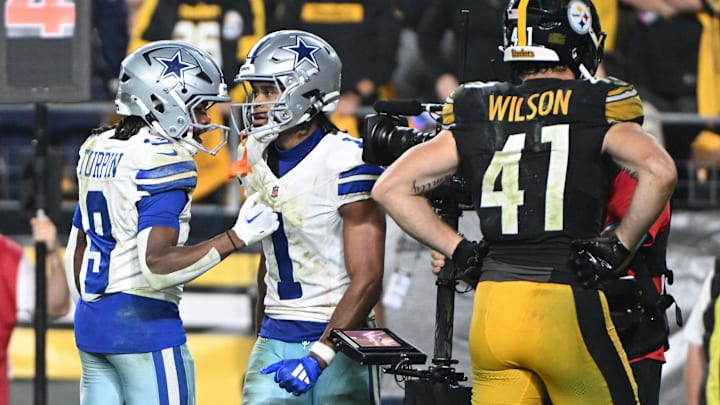 Dallas Cowboys wide receiver Jalen Tolbert celebrates after scoring a touchdown against the Pittsburgh Steelers.