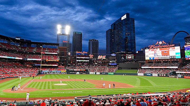 Apr 12, 2021; St. Louis, Missouri, USA;  A general view of Busch stadium as fans watch the St. Louis Cardinals play the Washington Nationals during the fourth inning. Mandatory Credit: Jeff Curry-Imagn Images