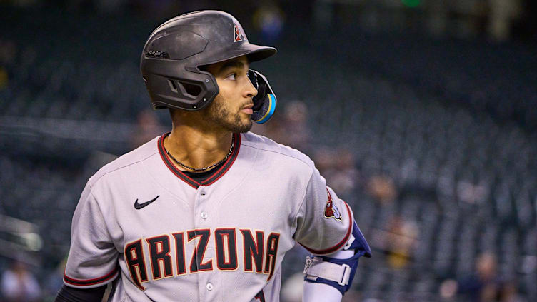 Oct 15, 2022; Phoenix, AZ, USA; Salt River Rafters infielder Jordan Lawlar (1) walks away from home