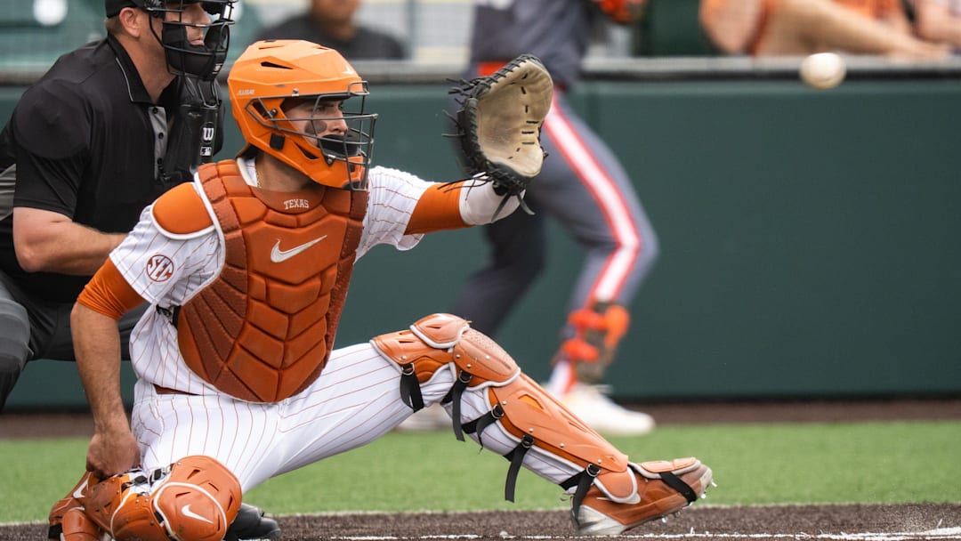 Texas catcher Rylan Galvan (6) catches a pitch during the Longhorns' game against The University of Texas Rio Grande Valley, April 15, 2025 at UFCU Disch-Falk Field in Austin.