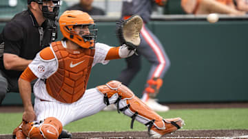 Texas catcher Rylan Galvan (6) catches a pitch during the Longhorns' game against The University of Texas Rio Grande Valley, April 15, 2025 at UFCU Disch-Falk Field in Austin.