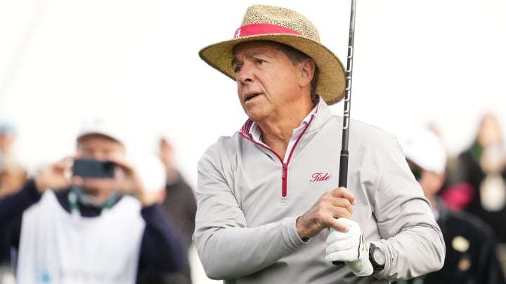 Former Alabama head football coach Nick Saban plays his tee shot on the 10th hole during the Annexus Pro-Am at the Waste Management Phoenix Open at TPC Scottsdale on Feb. 7, 2024.