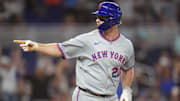 Sep 27, 2025; Miami, Florida, USA; New York Mets first baseman Pete Alonso (20) celebrates his solo home run against the Miami Marlins in the third inning at loanDepot Park. Mandatory Credit: Jim Rassol-Imagn Images