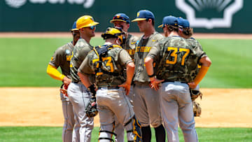 West Virginia Head Coach Steve Sabins visits the mound as The LSU Tigers take on the West Virginia Mountaineers in game 1 of the 2025 NCAA Div 1 Super Regional Baseball Championship at Alex Box Stadium in Baton Rouge, LA. Saturday, June 7, 2025.