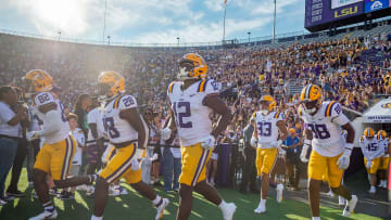 Sep 23, 2023; Baton Rouge, Louisiana, USA; LSU Tigers take the field prior to the game against the