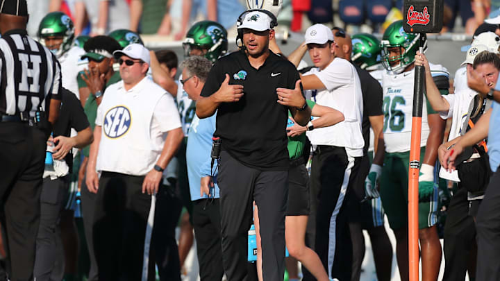 Sep 20, 2025; Oxford, Mississippi, USA; Tulane Green Wave head coach Jon Sumrall looks on during the fourth quarter against the Mississippi Rebels at Vaught-Hemingway Stadium. Mandatory Credit: Petre Thomas-Imagn Images