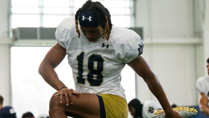 Chance Tucker CB of the Fighting Irish at Notre Dame football practice at the Irish Athletic Center on August 10, 2023.