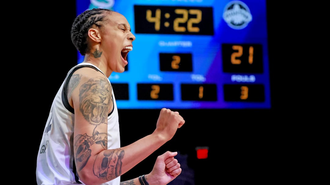 Brittney Griner, with the Phantom, celebrates a score on February 17, 2025.