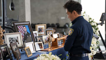 9-1-1 - ÒThe Last AlarmÓ - Following the tragic events at the lab, the 118 must come together to lay their fallen hero to rest. Meanwhile, despite her own grief, Athena re-investigates the death of a child to help a grieving mother. THURSDAY, MAY 1 (8:00-9:00 p.m. EDT) on ABC. (Disney/Christopher Willard) 
KENNETH CHOI