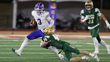 St. Bonaventure's Dylan Dunst tackles Folsom quarterback Ryder Lyons during the fourth quarter of the CIF-State Division 1-A state championship bowl at Saddleback College in Mission Viejo on Saturday, Dec. 9, 2023. St. Bonaventure lost 20-14.