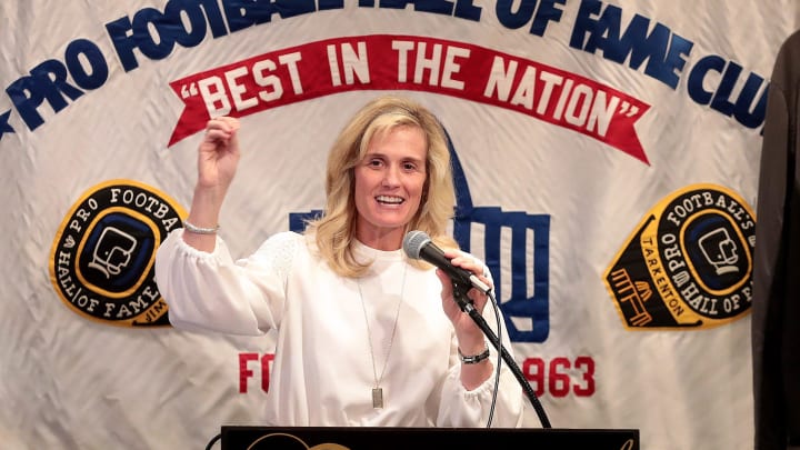 Heather Lyke, Athletic Director of Pitt University speaks at the Pro Football Hall of Fame Luncheon Club at Tozzi's on 12th Monday , February 28, 2022.

Heather Lyke Hof Luncheon Club