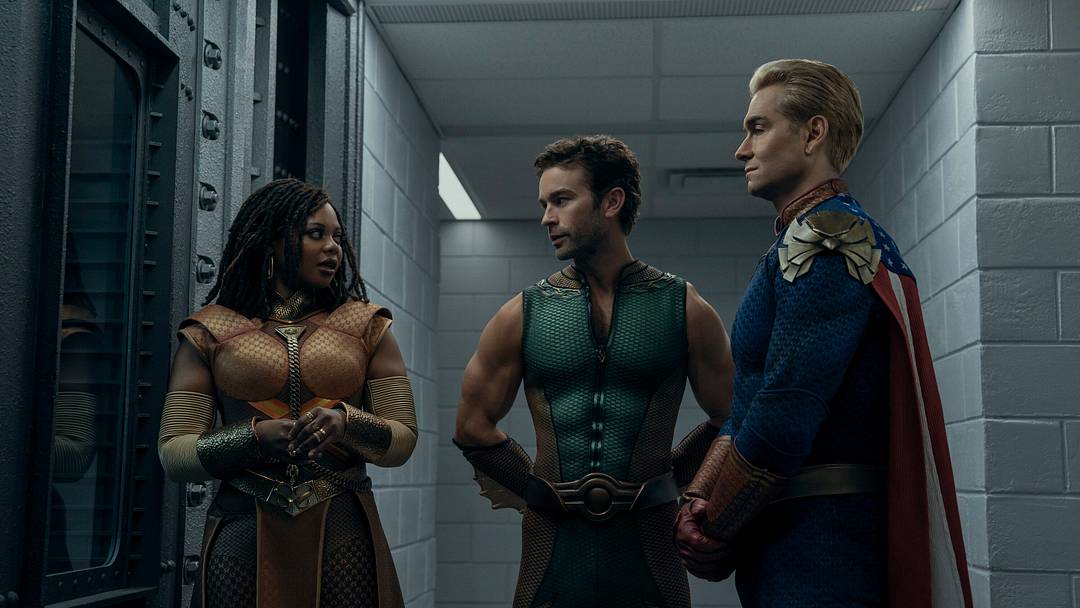 Susan Heyward (Sister Sage), Chace Crawford (The Deep), Antony Starr (Homelander) - Credit: Jasper Savage/Prime