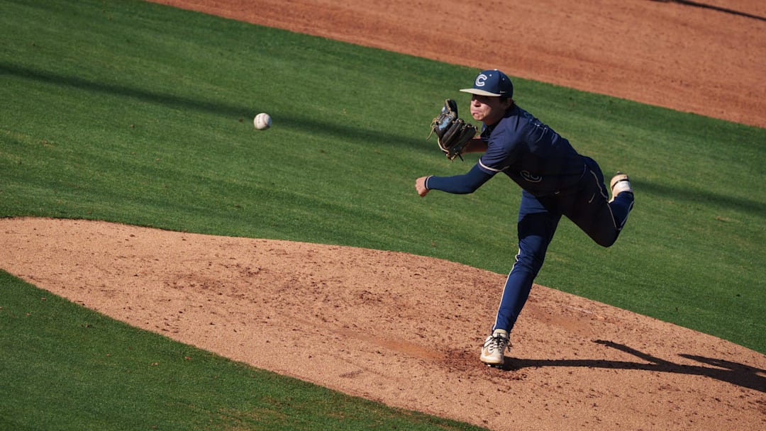Evan Hedlund (6) of the Casteel Colts pitches against Sandra Day O’Connor in a 6A playoff game at Tempe Diablo Stadium on May 5, 2026, in Tempe.
